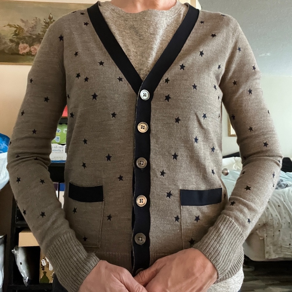 J CREW Stars Cardigan, Wool with Embroidered Navy Blue Stars, Great Condition!